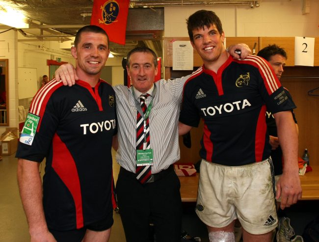 Alan Quinlan, Pat Geraghty and Donncha O'Callaghan in the changing room with the Heineken Cup Trophy in 2008.